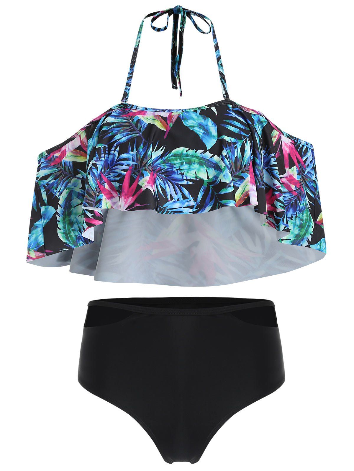 

Halter Palm Print High Waist Bikini Set, Black