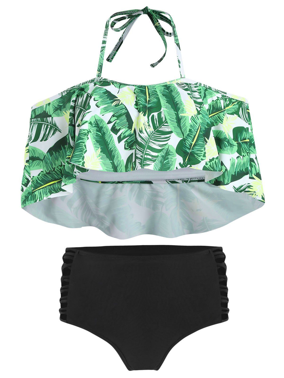 

Halter Tropical Print Cut Out High Waist Bikini Set, Clover green