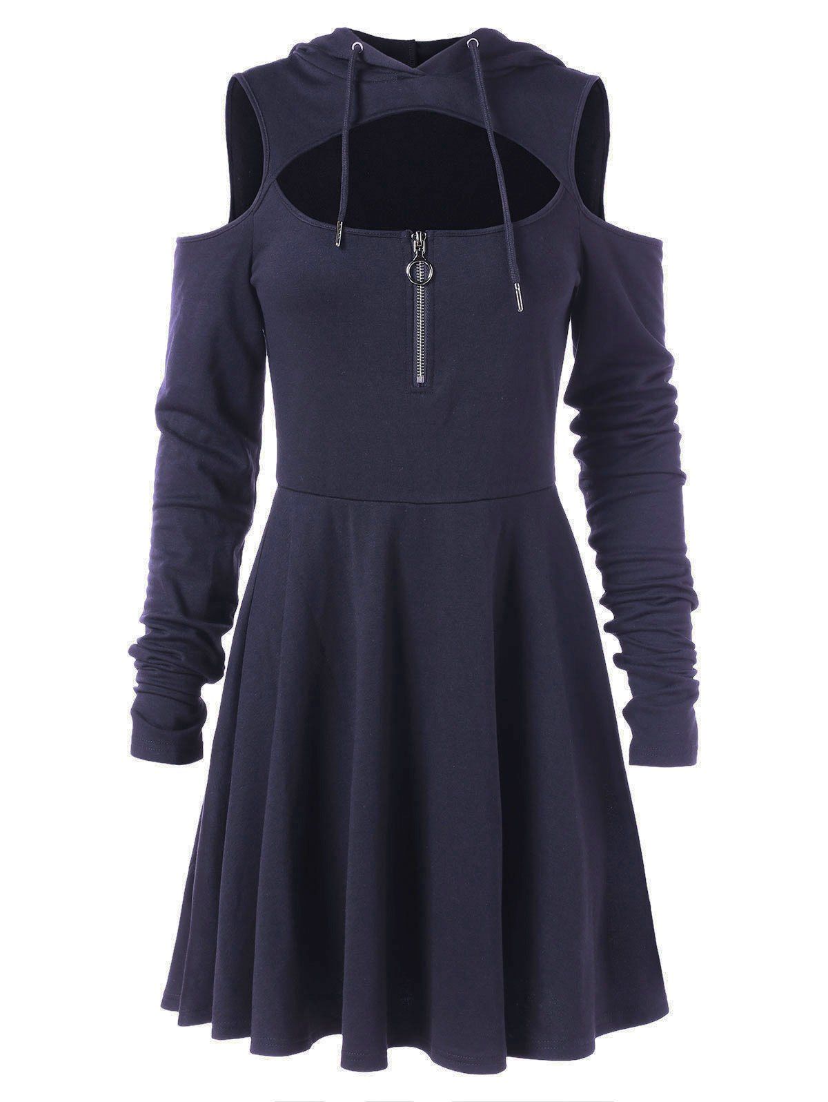

Cut Out Full Sleeve Flare Hooded Dress, Dark slate blue