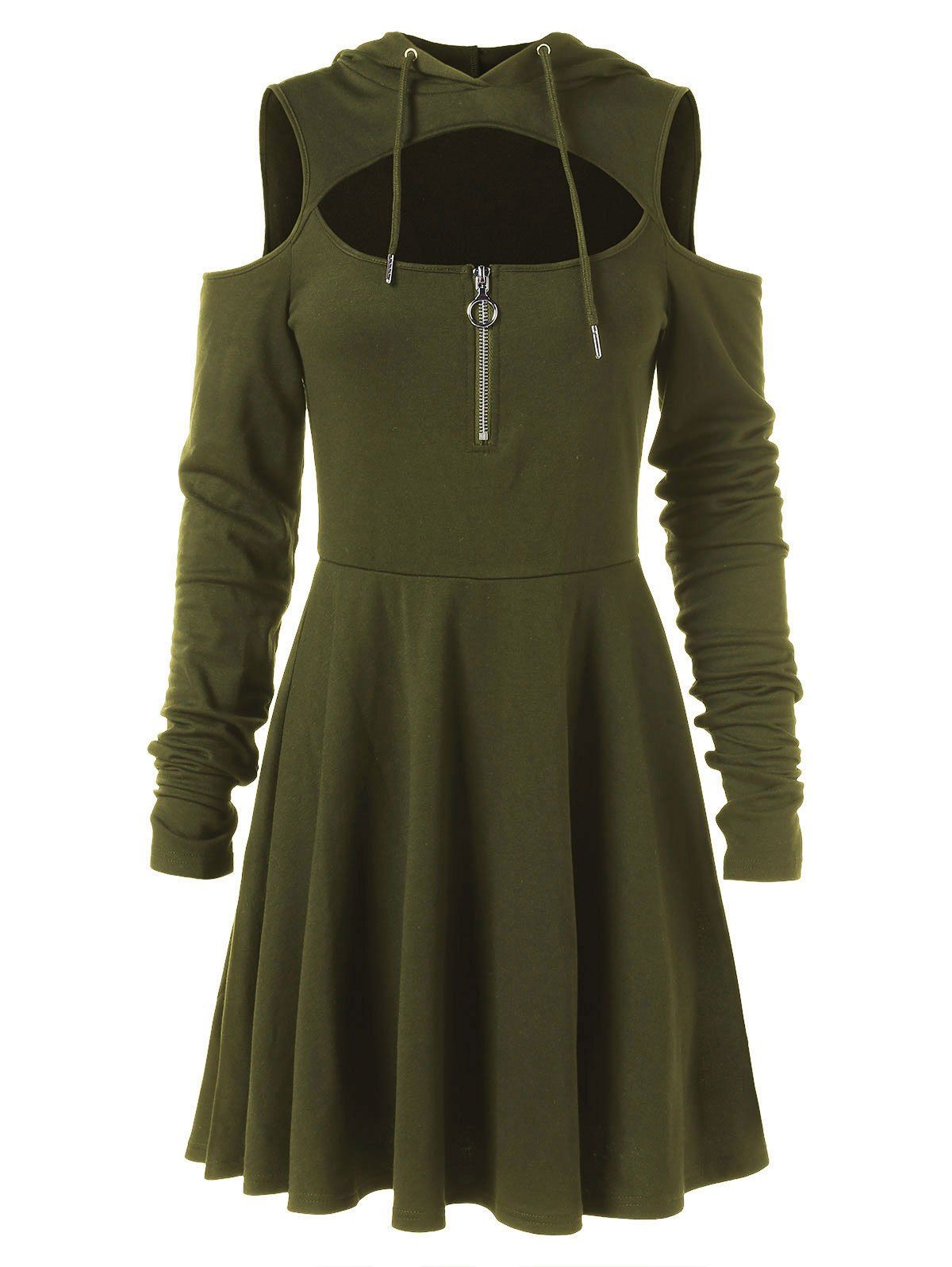 

Cut Out Full Sleeve Flare Hooded Dress, Army green