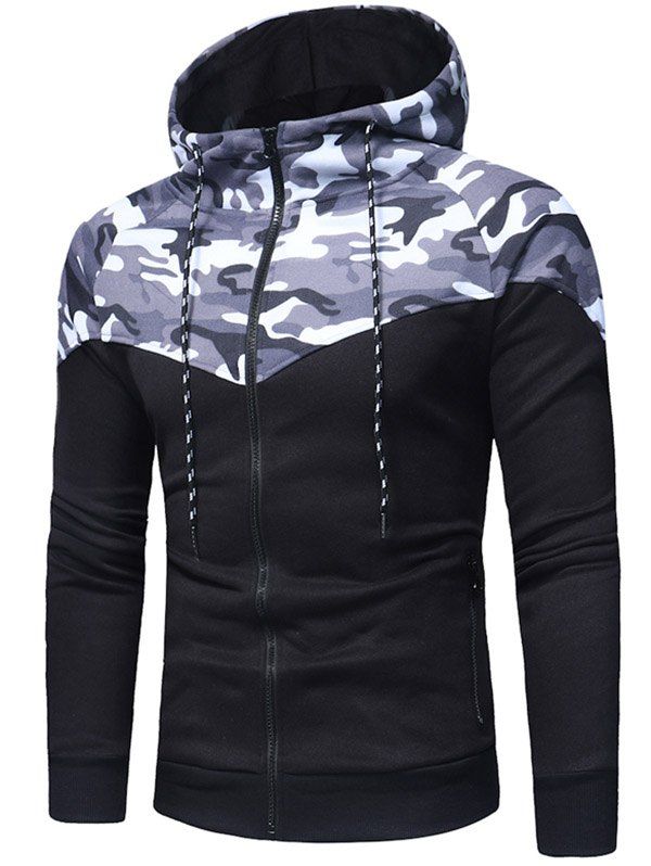 

Camouflage Spliced Zip Fly Hoodie, Gray