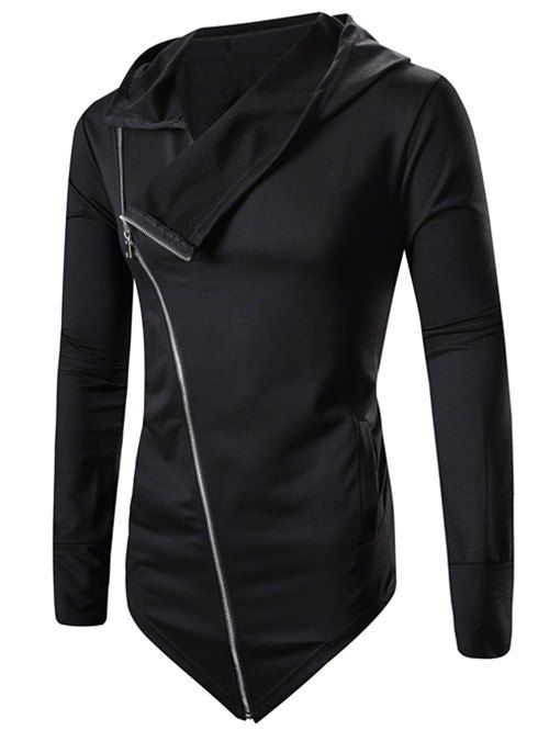 

Asymmetric Zip Up Solid Hoodie, Black