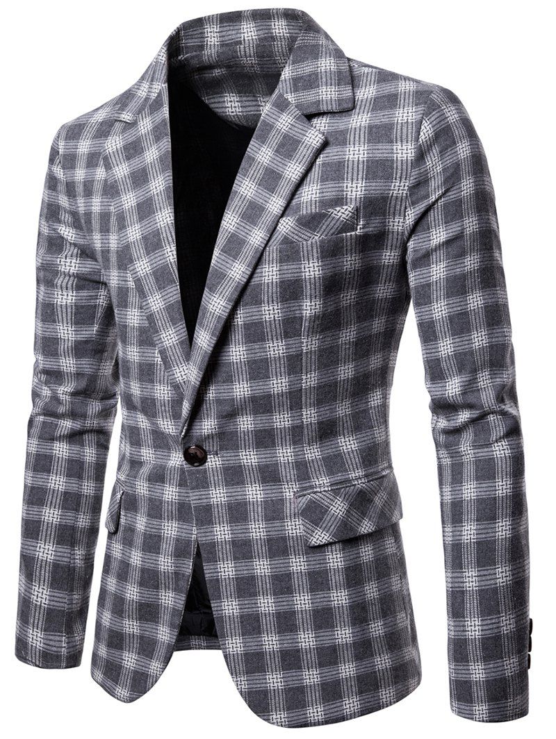 

One Button Lapel Collar Checked Blazer, Gray