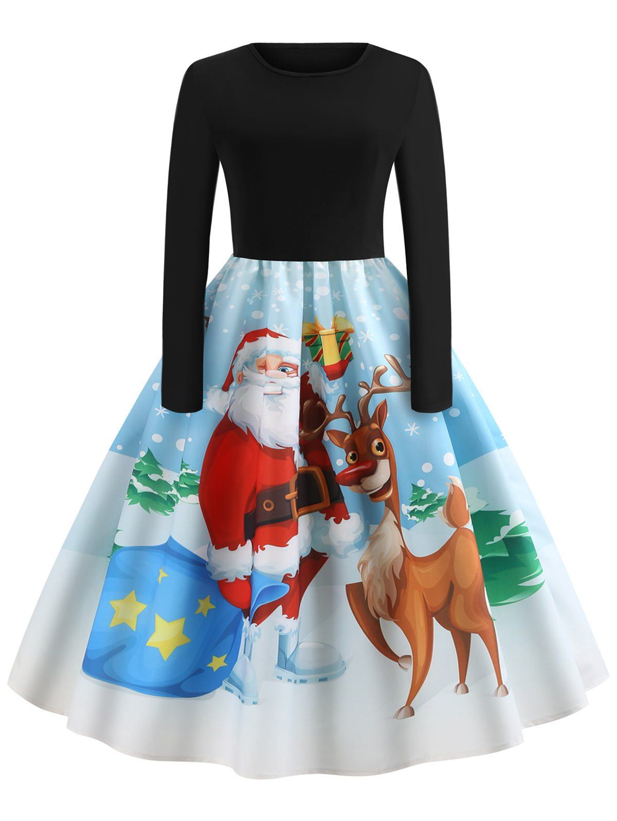 

Santa Claus and Elk Print Vintage Dress, Black