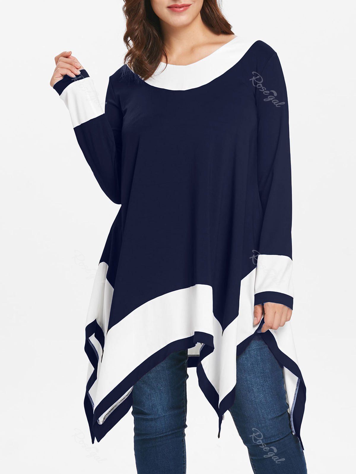 

Plus Size Long Sleeve Handkerchief Tunic Top, Denim dark blue