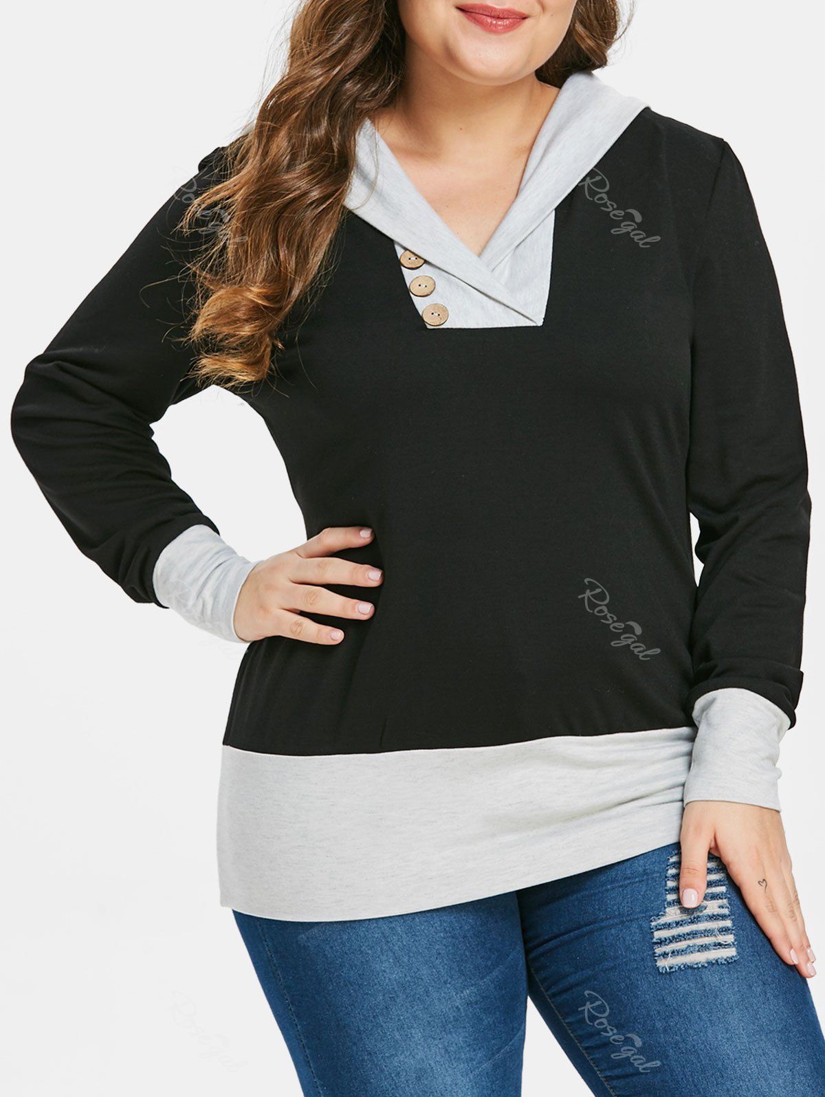 

Plus Size Button Embellished Color Block Hoodie, Black