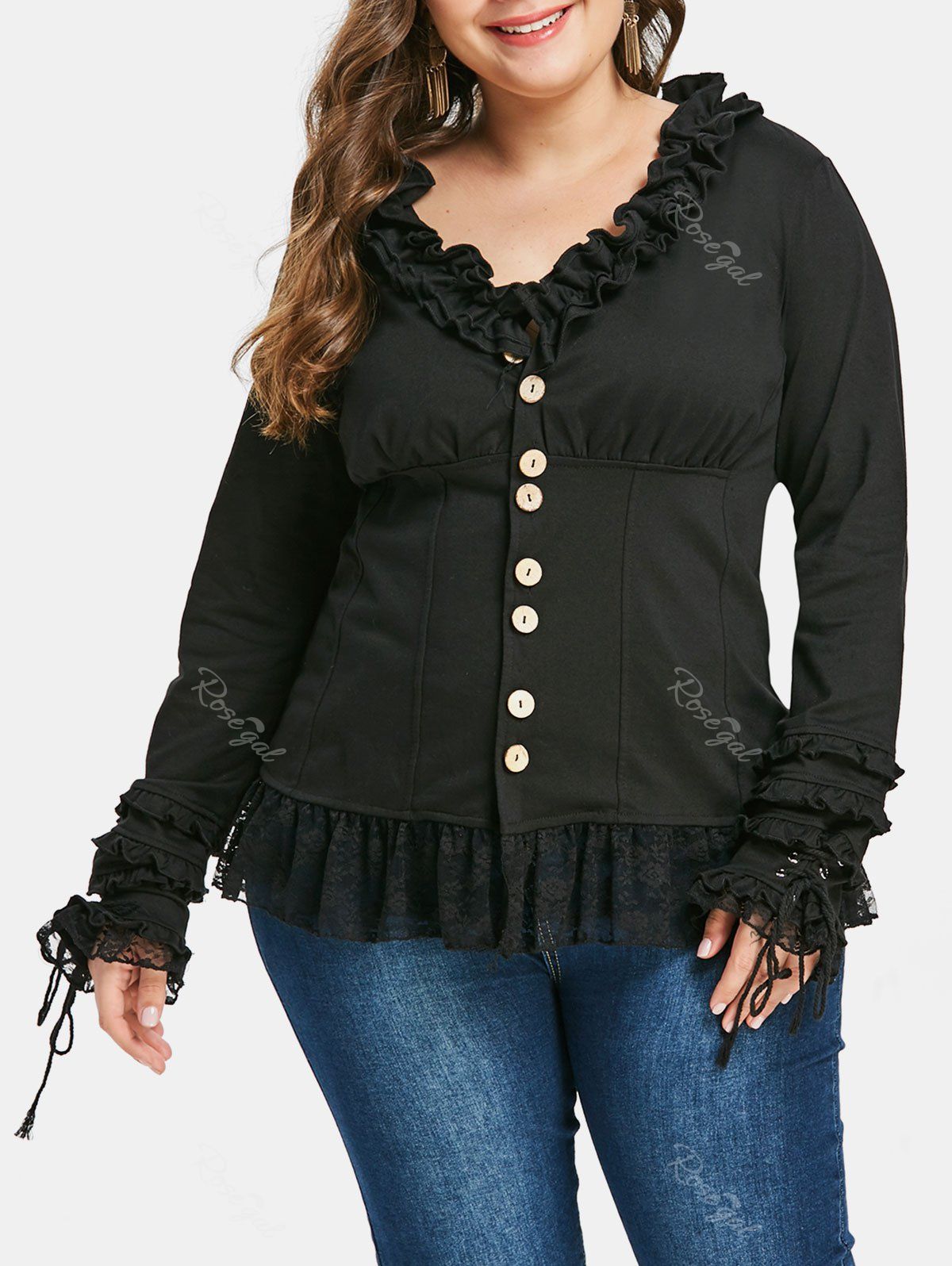 

Plus Size Ruffled Buttons Lace Panel Jacket, Black