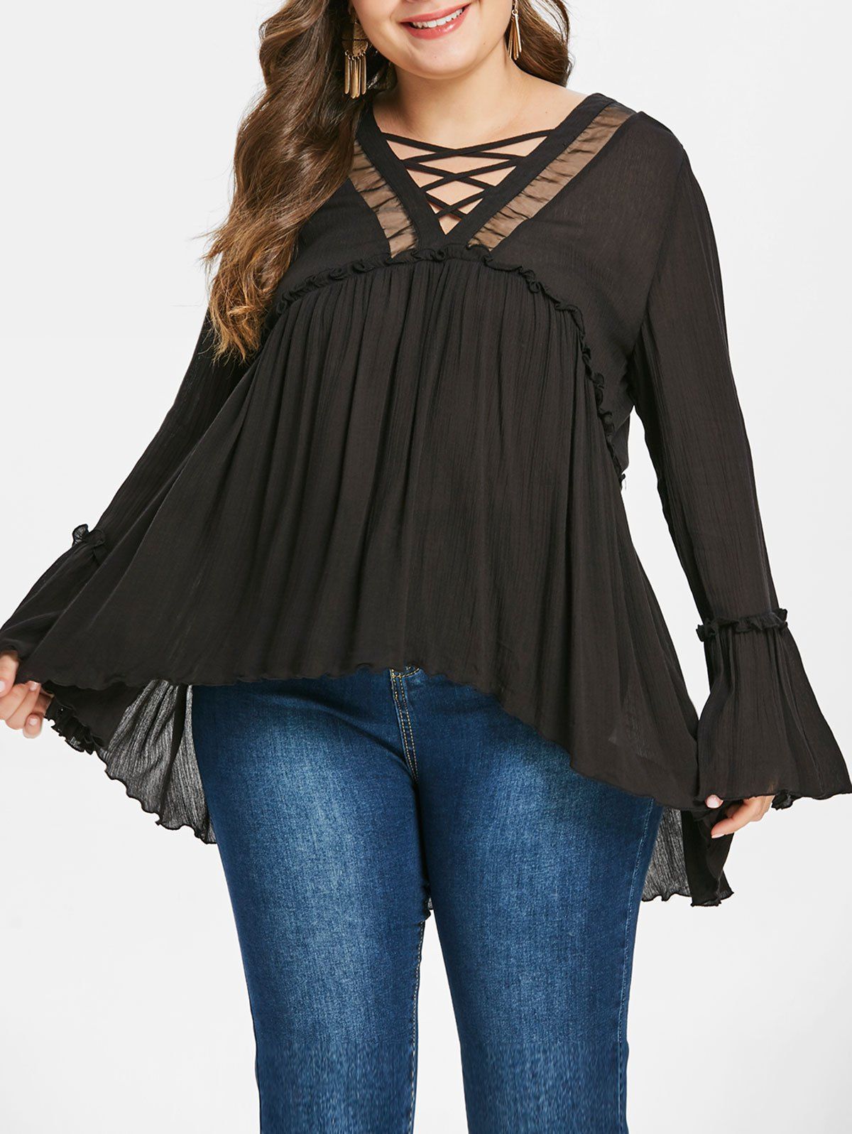 

High Low Plus Size Lace Up Blouse, Dull purple