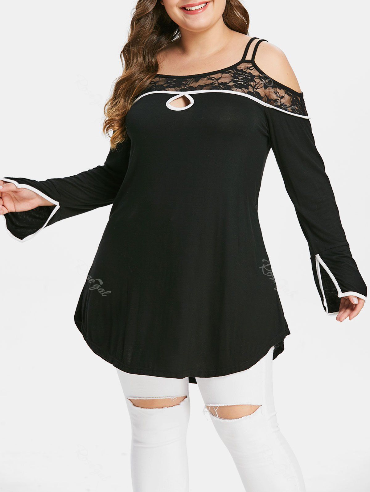 

Plus Size Lace Insert Open Shoulder Tee, Black