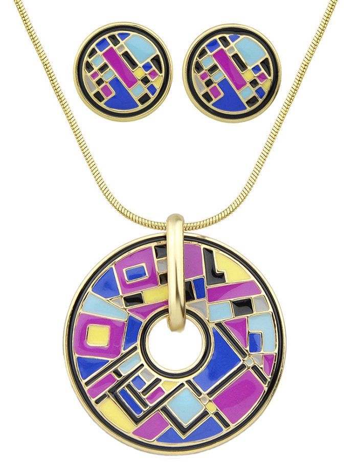 

Colorful Geometric Pattern Pendant Necklace Earrings Set, Purple