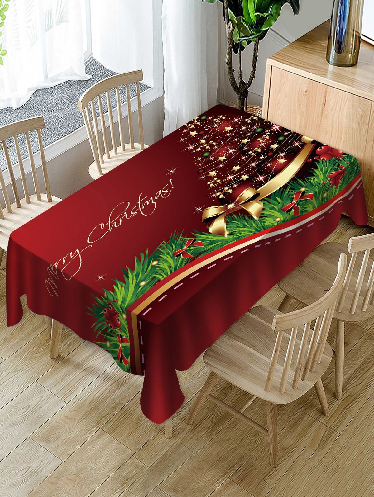 

Merry Christmas Tree Print Fabric Waterproof Table Cloth, Multi