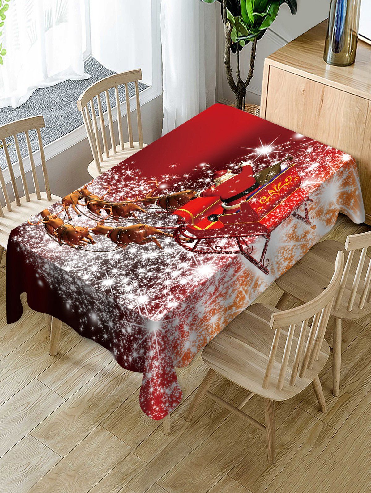 

Christmas Sleigh Elk Print Fabric Waterproof Table Cloth, Multi