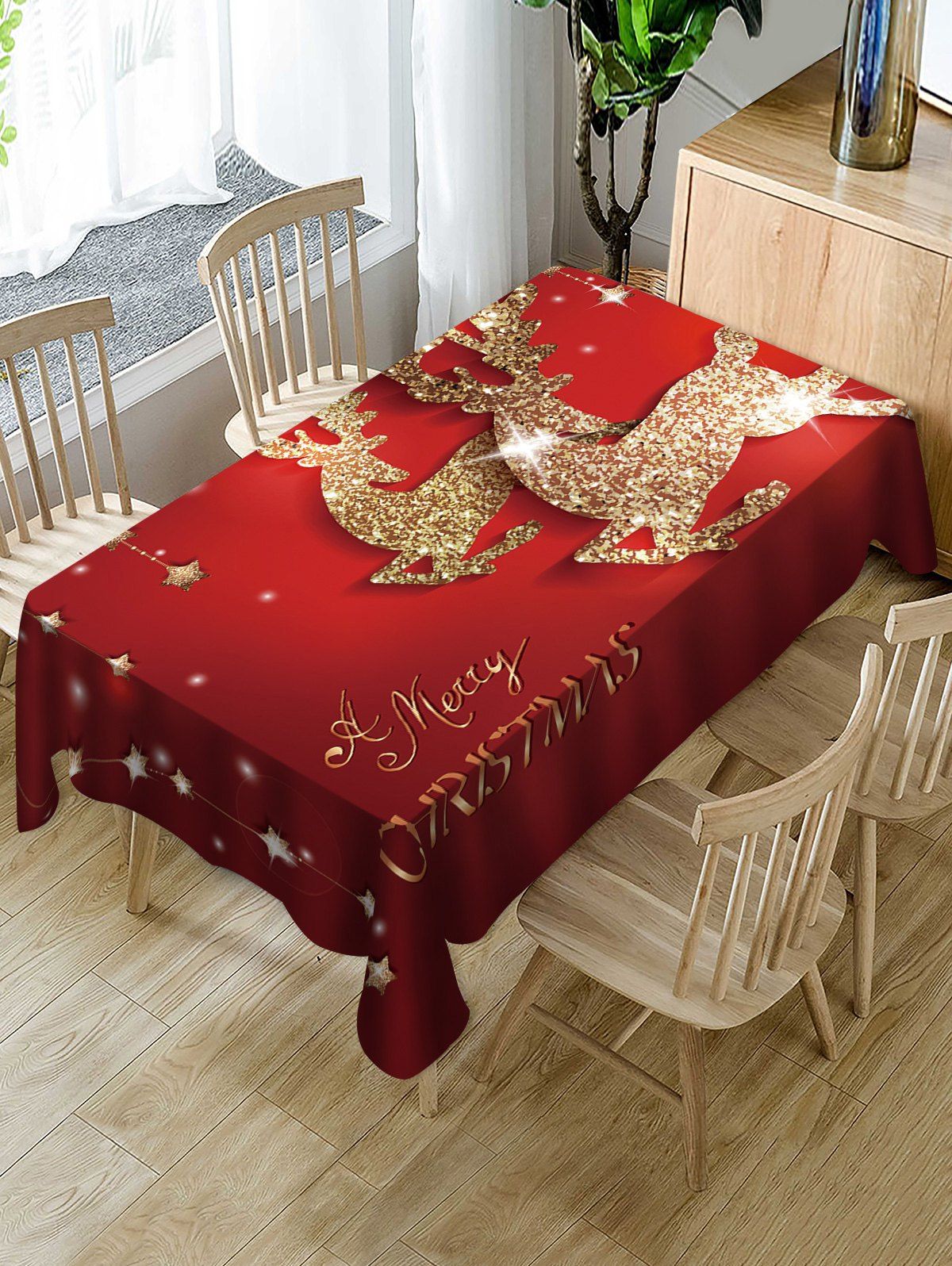 

Merry Christmas Deer Print Fabric Waterproof Table Cloth, Multi