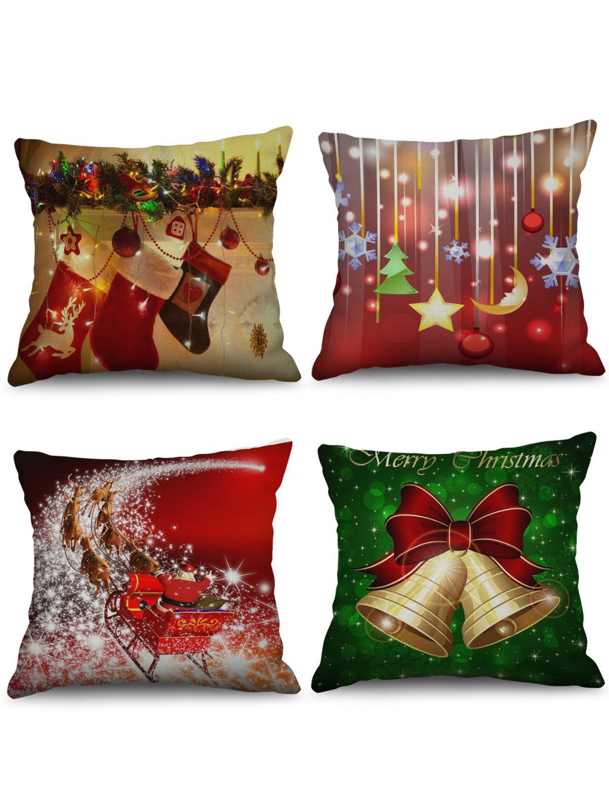 

4PCS Christmas Stocking Bell Elk Printed Pillowcases, Multi-a