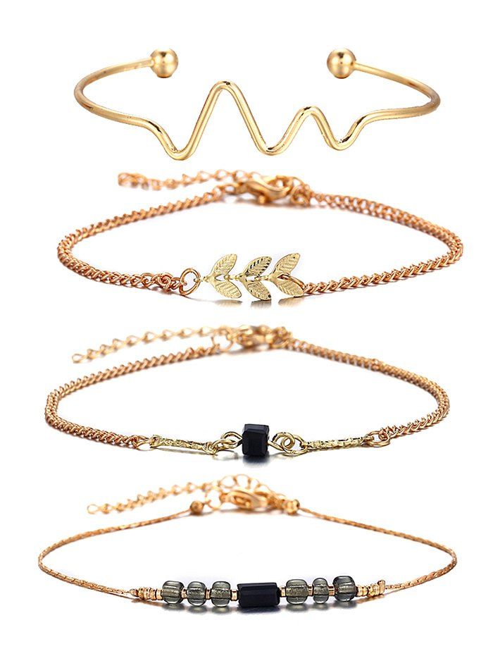 

Wave Feather Beaded Alloy Bracelet Set, Gold