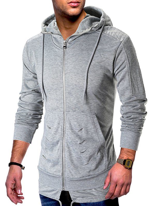 

Zip Up Ripped Pleated Long Sleeve Hoodie, Light gray