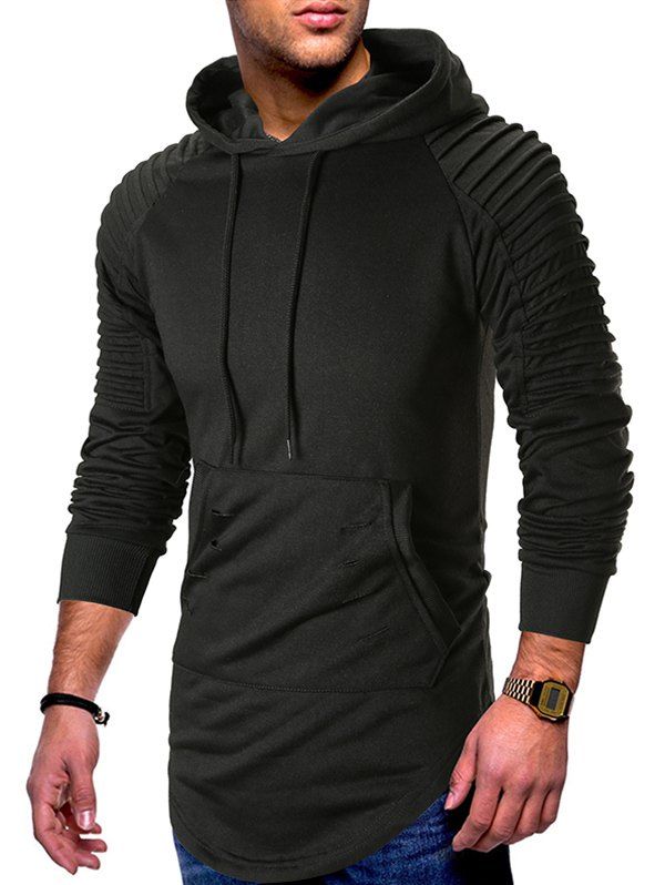 

Pleated Raglan Sleeve Ripped Pullover Hoodie, Black