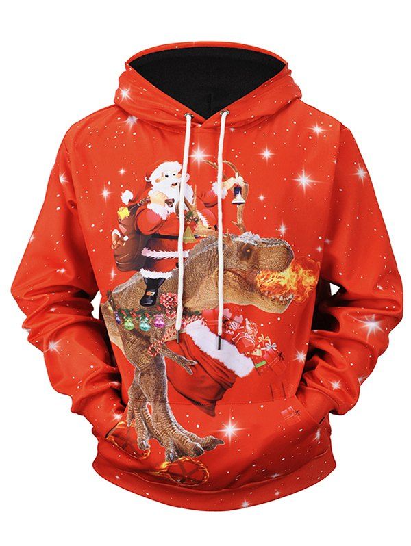 

Santa Claus Dinosaur Print Drawstring Hoodie, Lava red