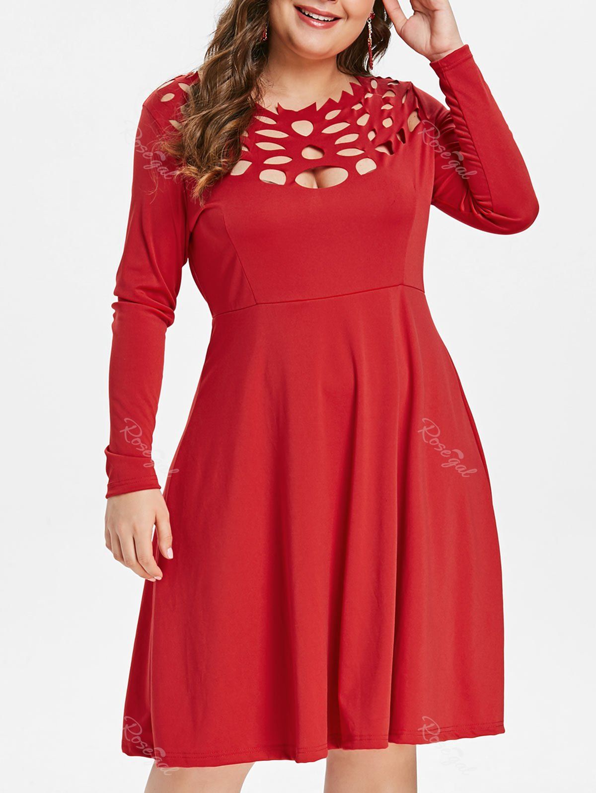 

Plus Size Cut Out Long Sleeve Dress, Red