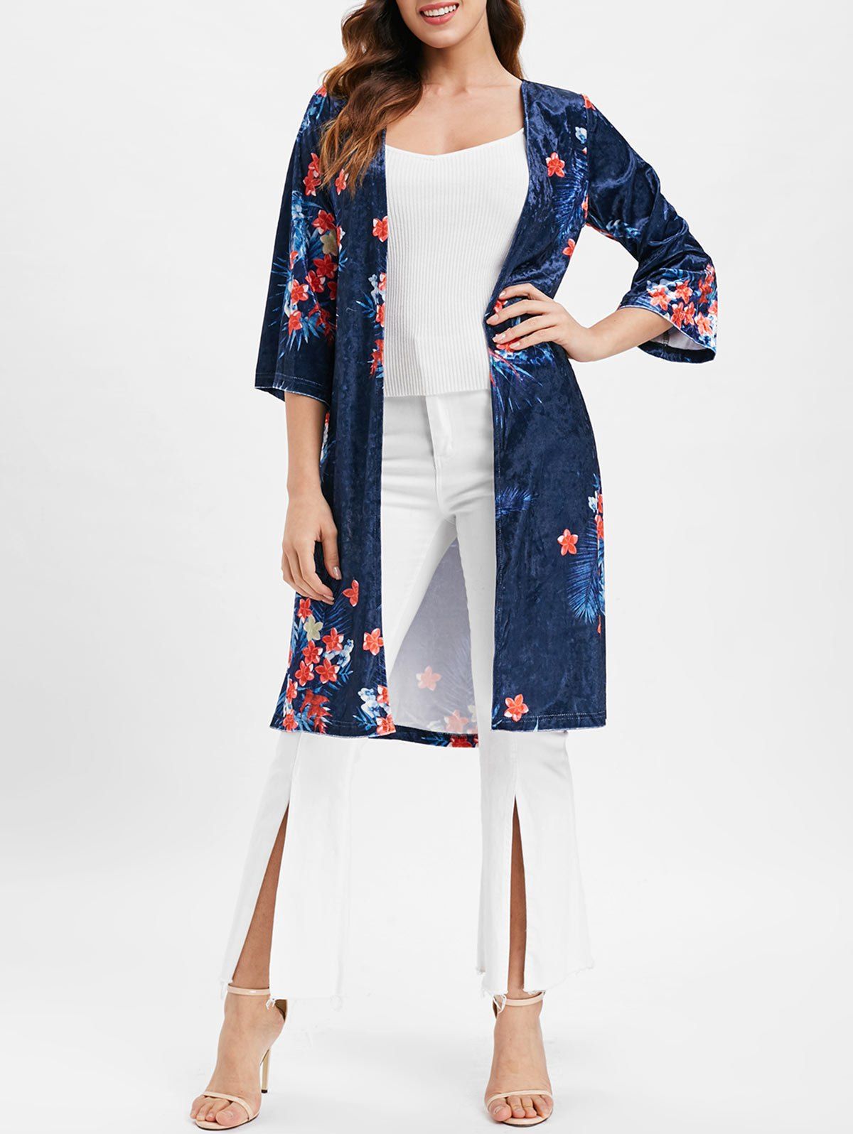 

Open Front Floral Longline Velvet Coat, Navy blue