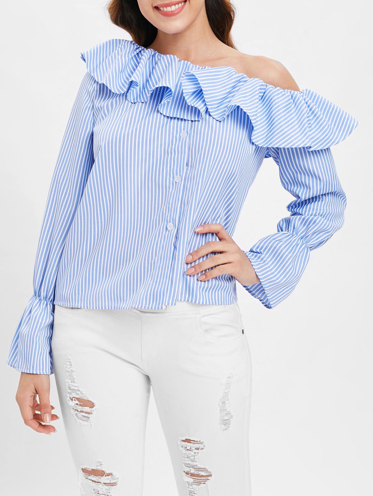 

Skew Neck Striped Flounce Blouse, Day sky blue
