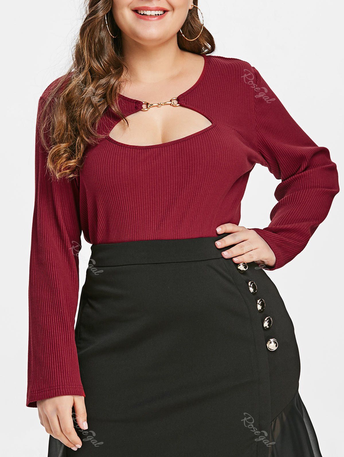 

Plus Size Keyhole Neck Knitwear, Red wine