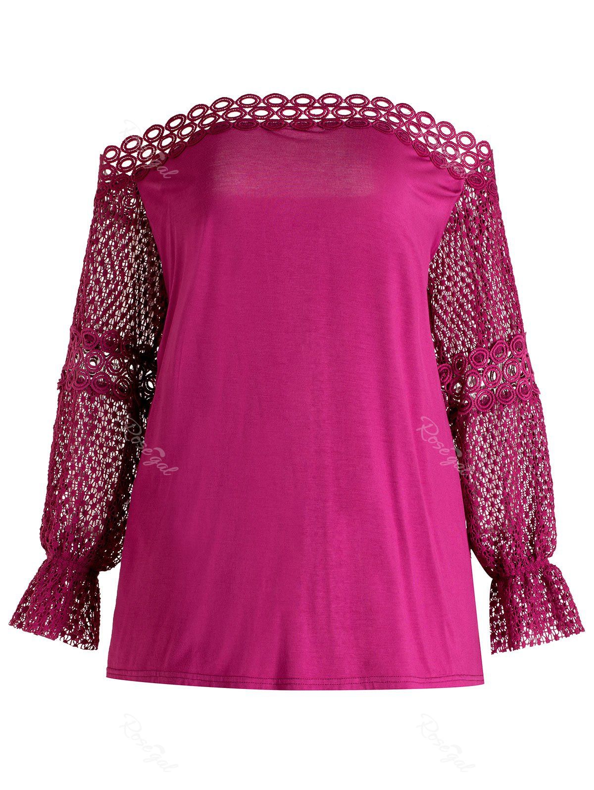 

Plus Size Openwork Spliced Long Sleeves Off Shoulder Top, Dark carnation pink