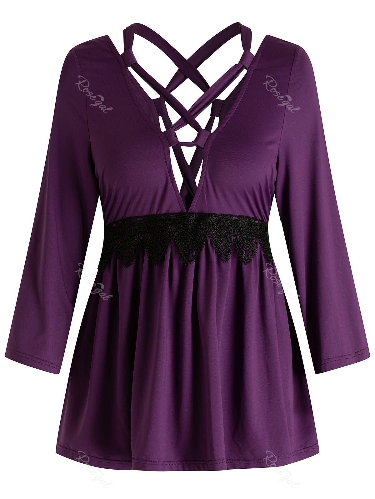

Plus Size Plunging Neck Lace Splicing Lace Up Tee, Purple
