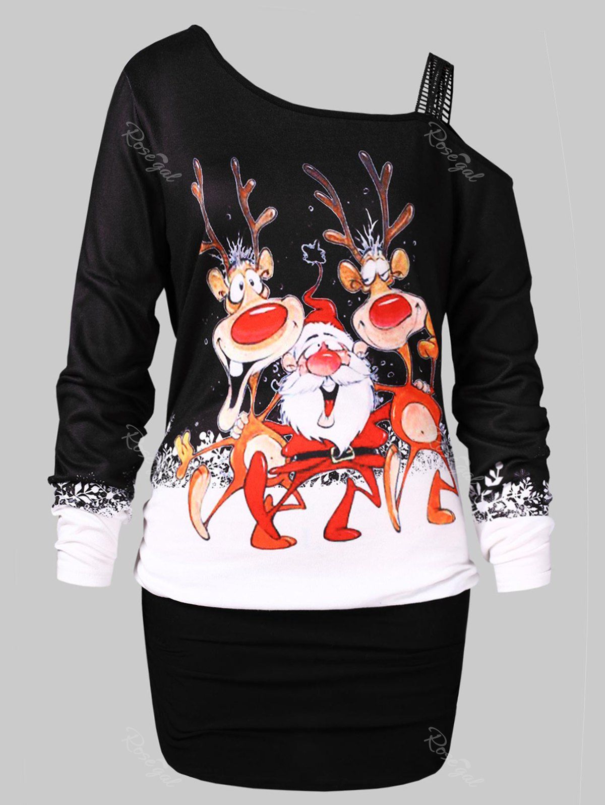 

Christmas Plus Size One Shoulder Elk Print T-shirt, Black