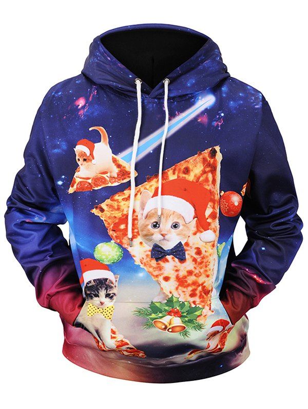 

Christmas Pizza Cat Print Pullover Hoodie, Multi