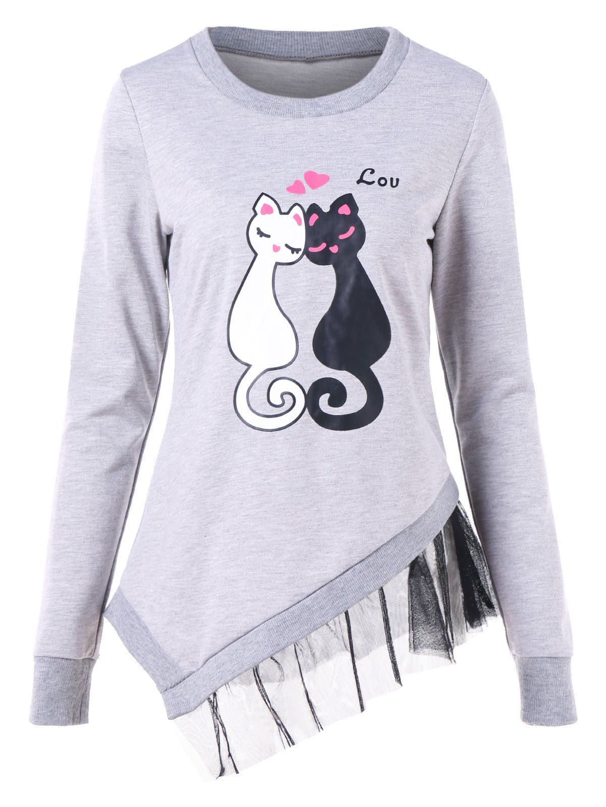 

Mesh Insert Cat Print Sweatshirt, Light gray