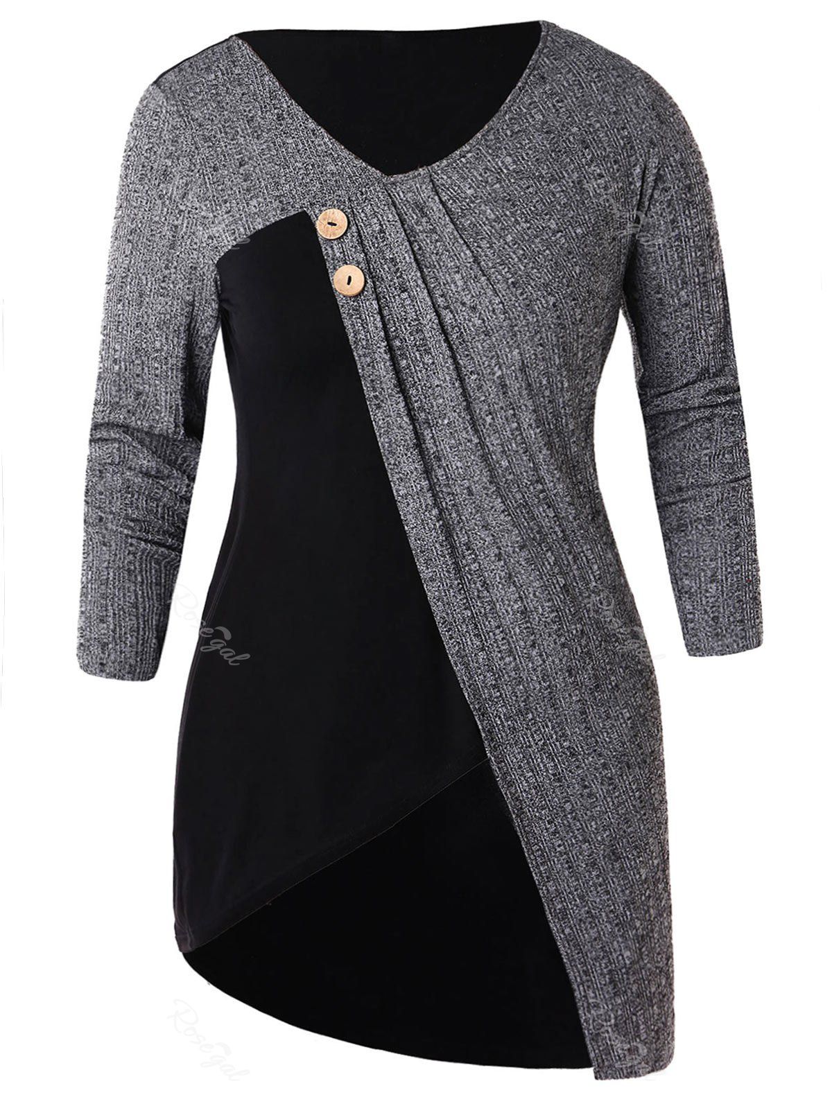 

Two Tone Plus Size Button Embellished T-shirt, Black