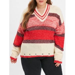 

Color Block Plus Size V Neck Sweater, Chestnut red
