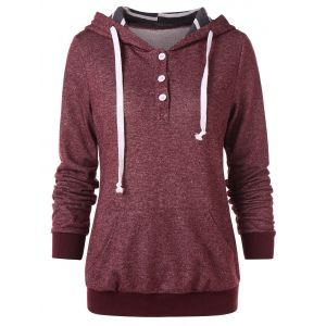 

Button Embellished Drawstring Hoodie, Red wine