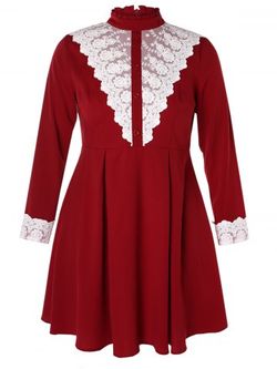 Plus Size Contrast Lace Panel Flare Dress - RED WINE - 3X