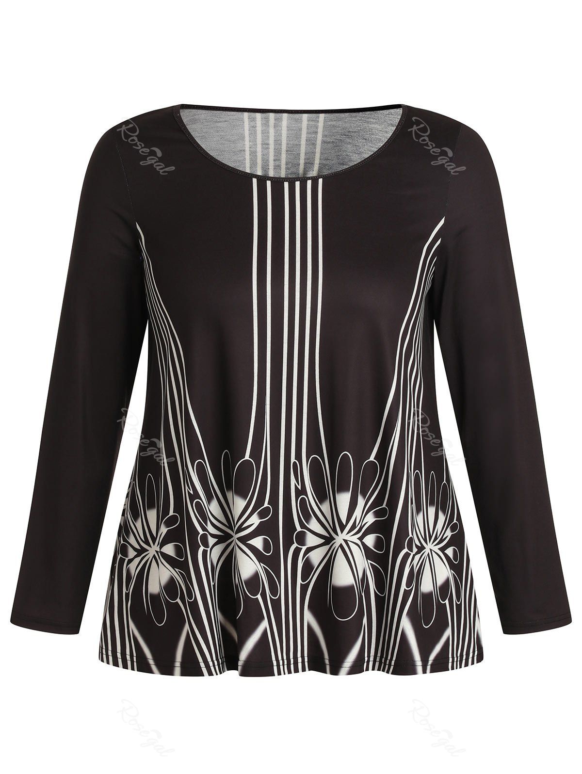 

Striped Panel Plus Size Printed T-shirt, Deep brown