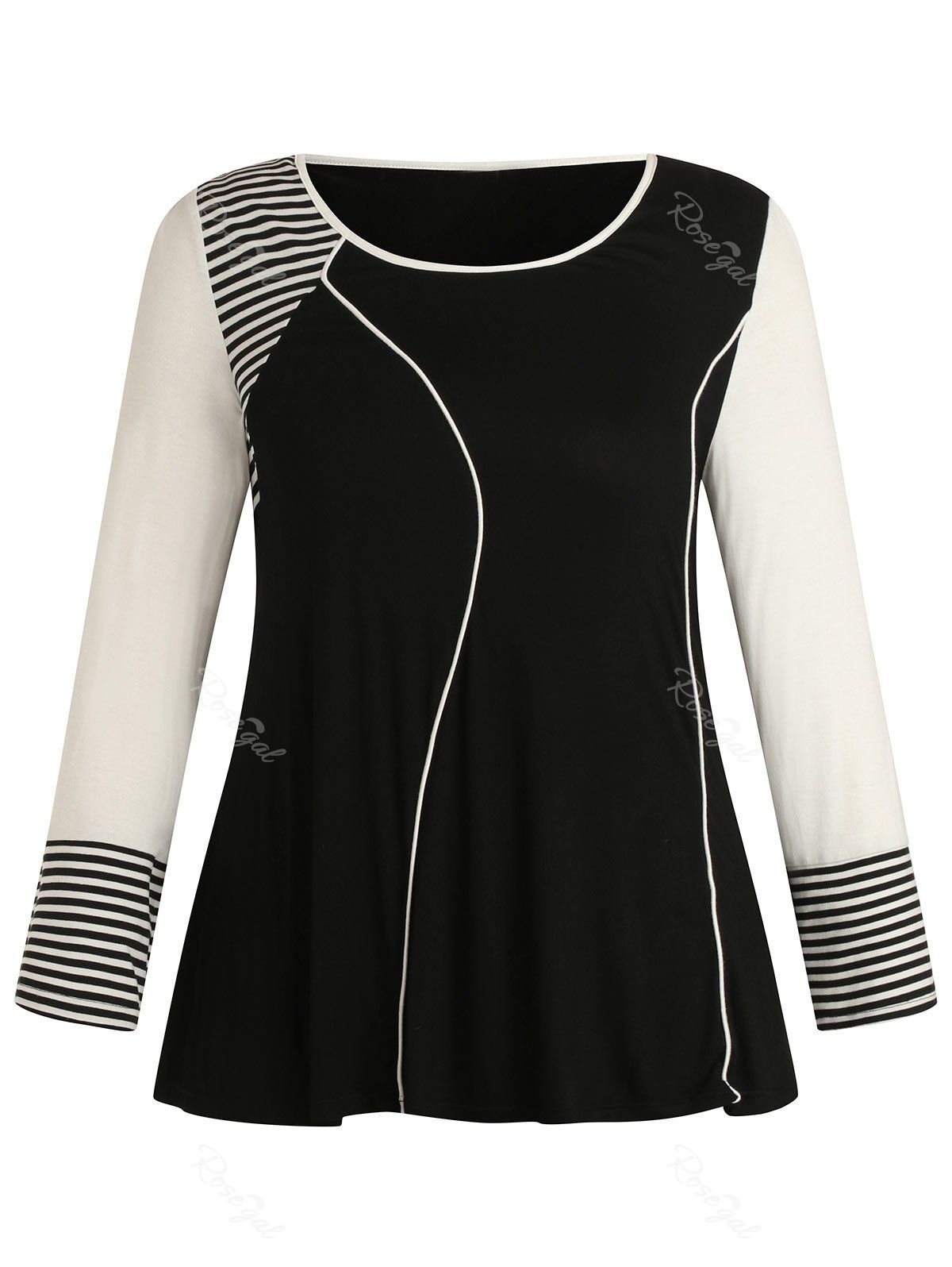 

Plus Size Stripe Color Block Long Sleeves T Shirt, Black