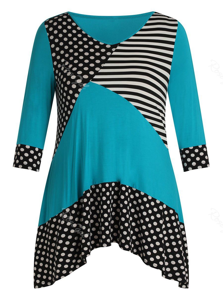 

Plus Size V Neck Polka Dot Stripe Splicing T Shirt, Blue