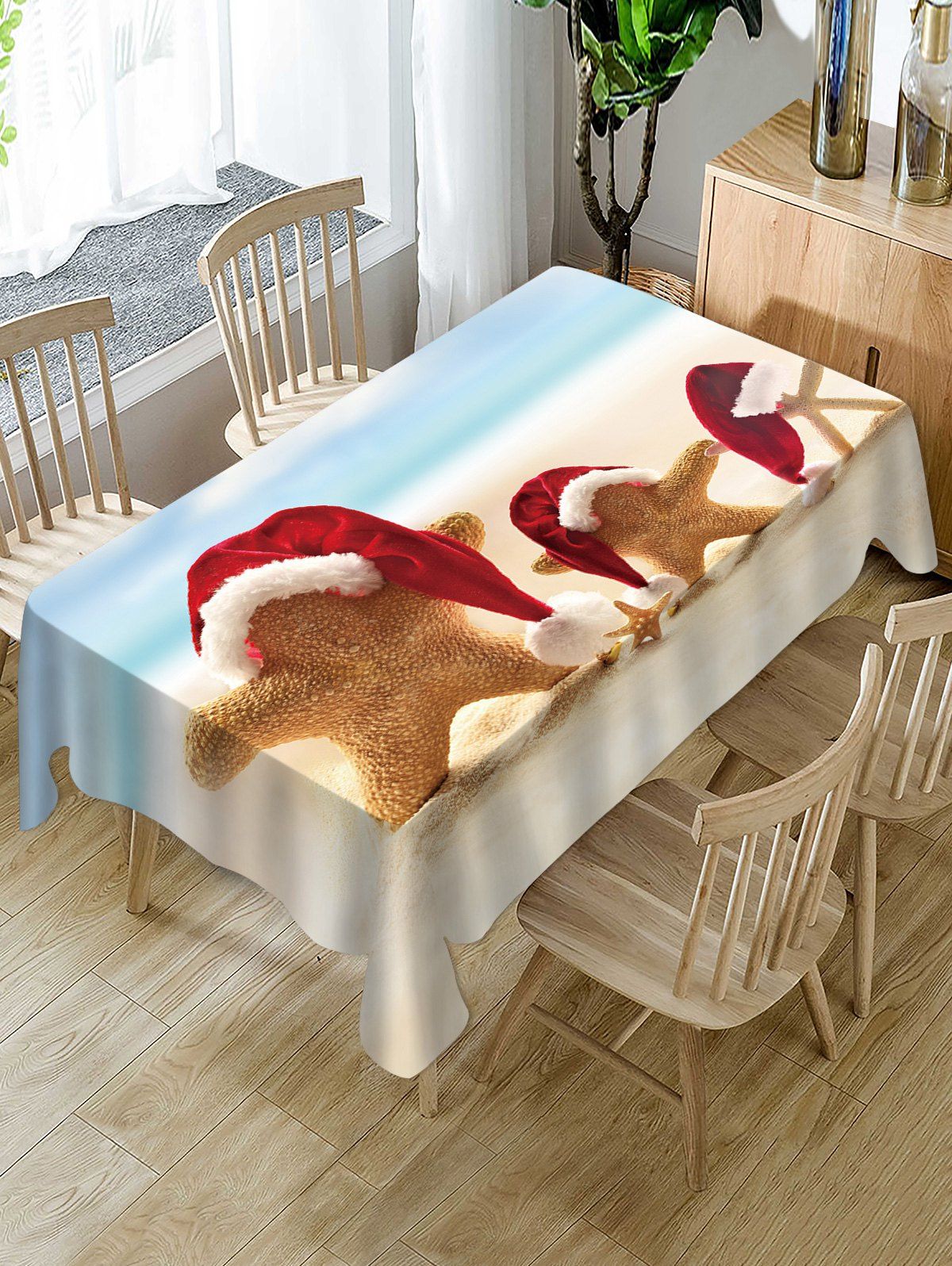 

Christmas Hat Starfish Print Fabric Waterproof Table Cloth, Multi