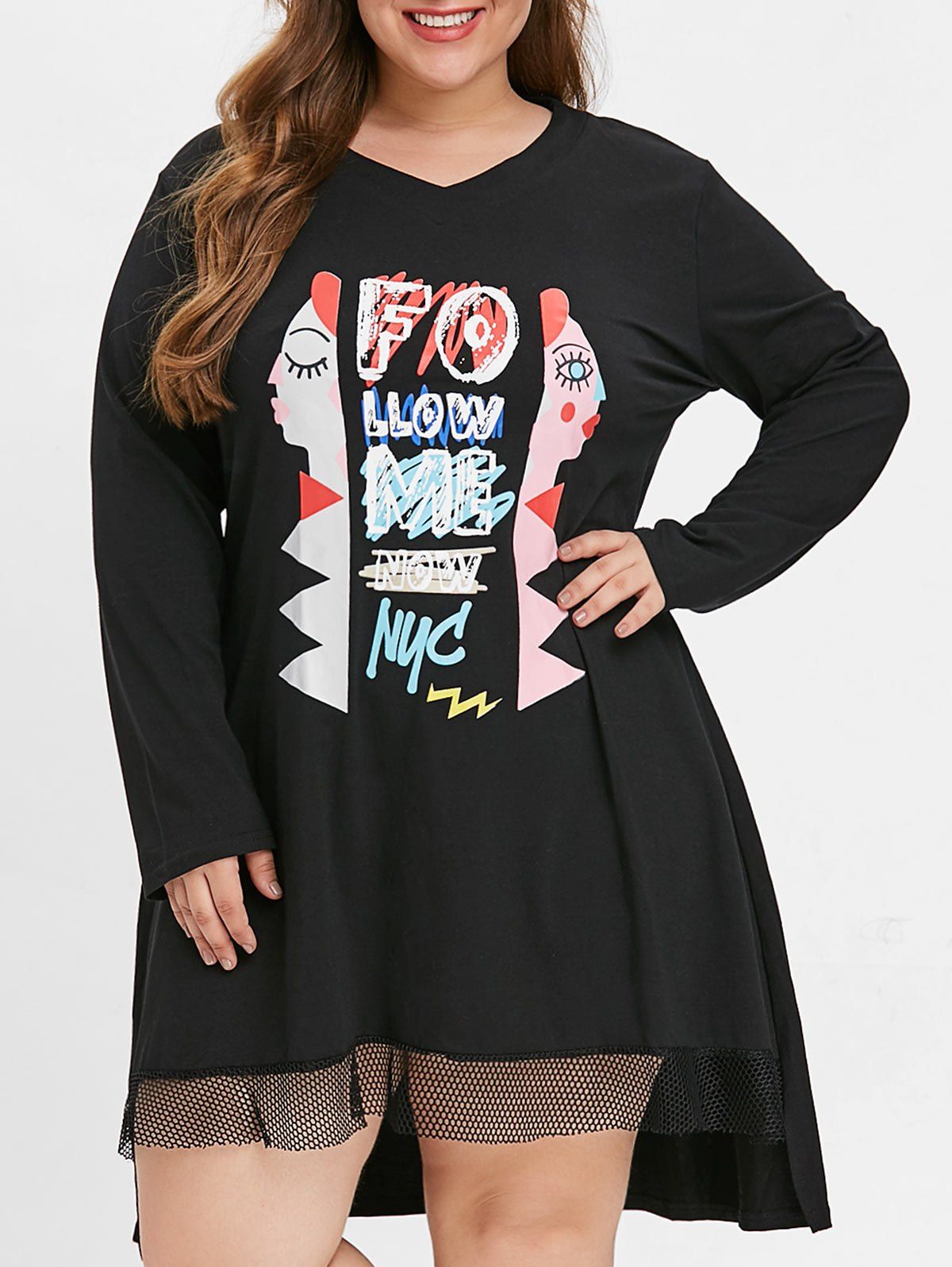

Fishnet Panel Plus Size Patterned Shift Dress, Black