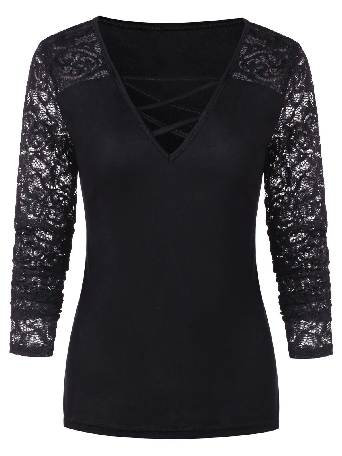 

Criss Cross Lace Panel Tee, Black