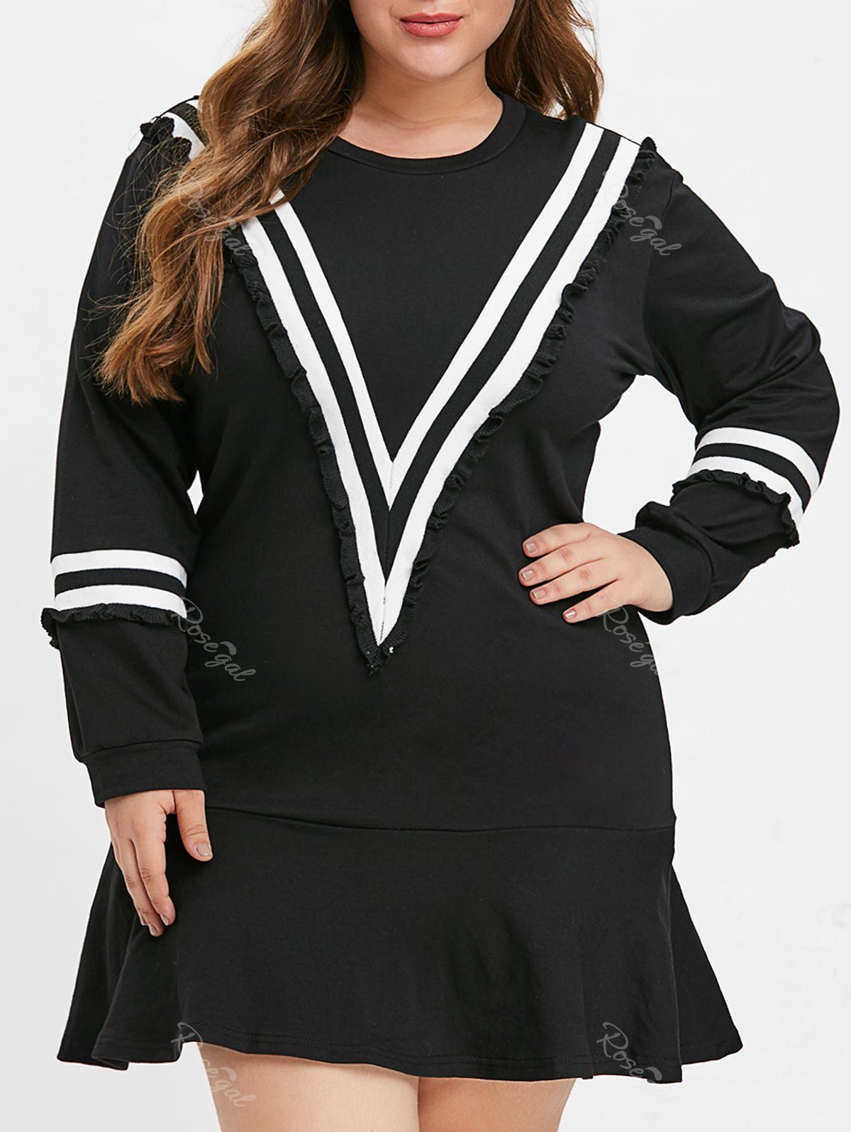 

Chevron Plus Size Ruffle Hem Mini Dress, Black