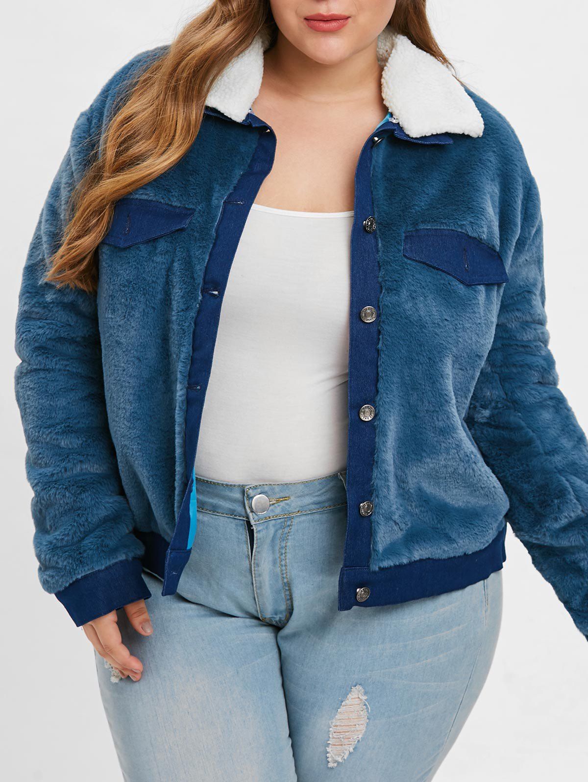 

Plus Size Buttoned Faux Fur Coat, Blue
