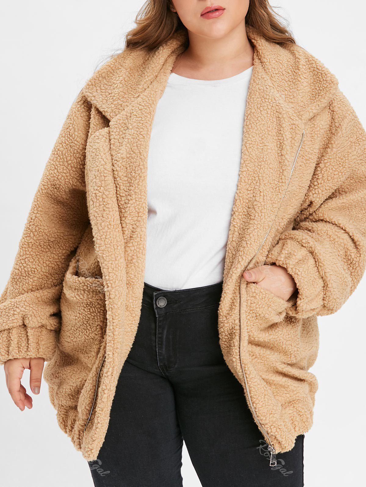 

Plus Size Zipper Fluffy Coat, Brown sugar