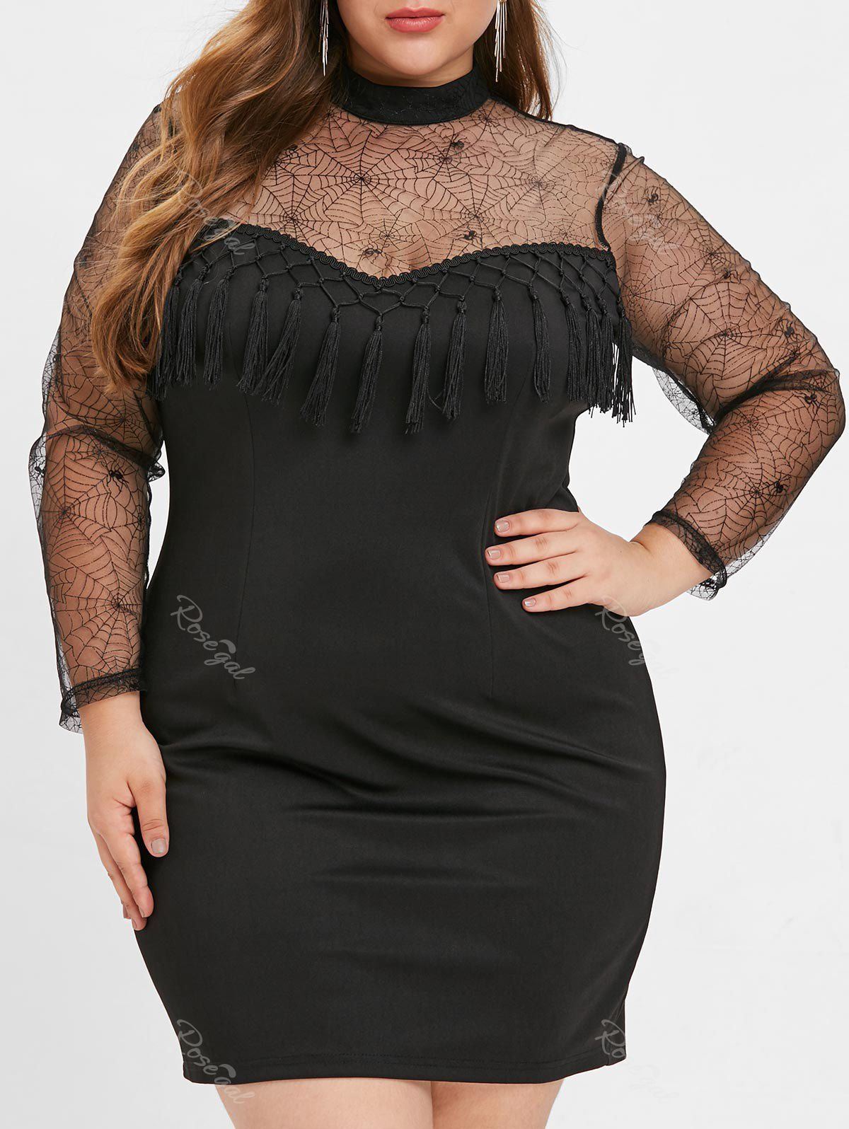 Plus Size Tassel Mesh Panel Bodycon Dress [47% OFF] | Rosegal