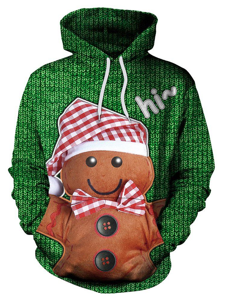 

Bear Christmas Cap Print Pullover Hoodie, Green