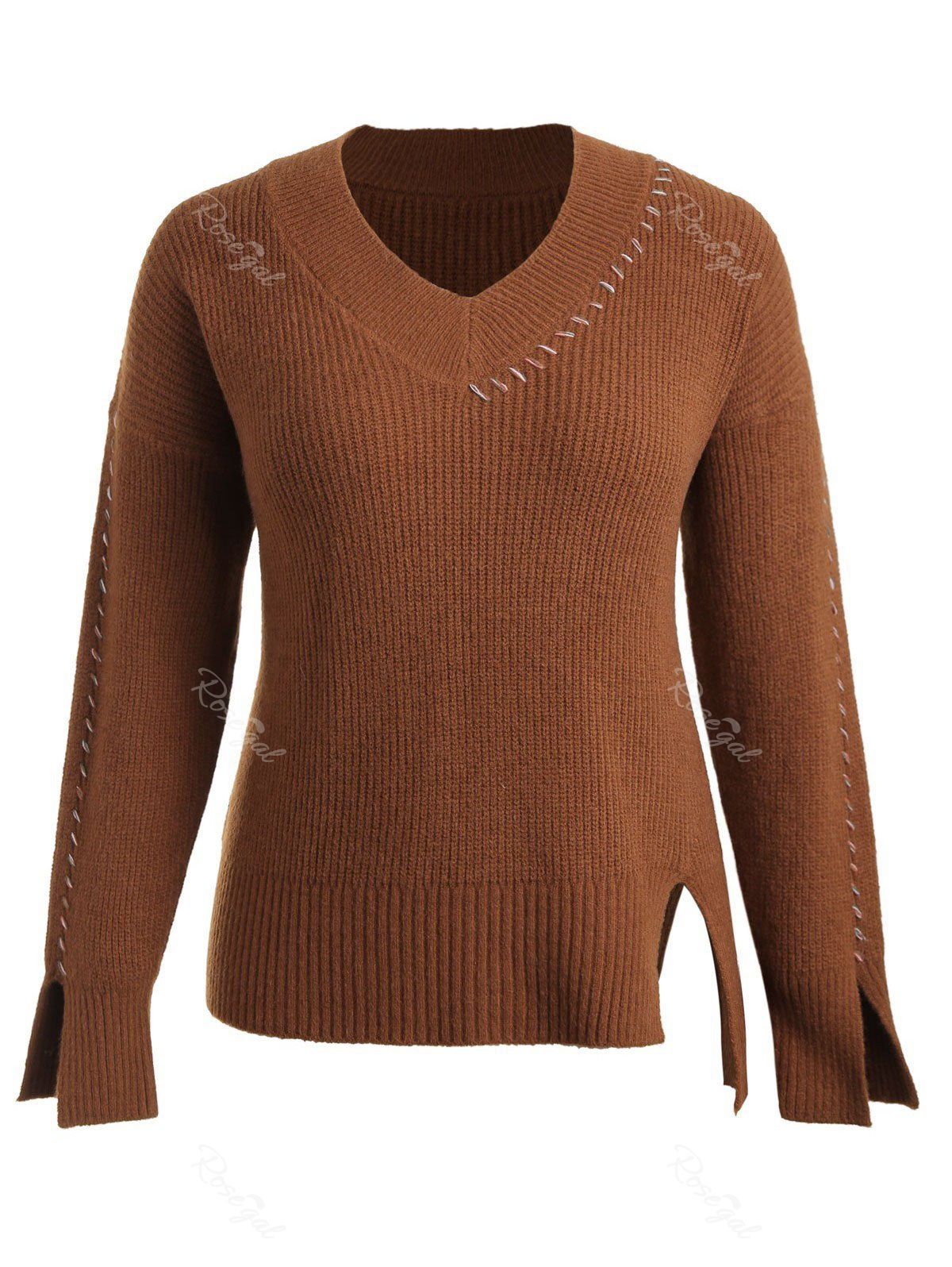 

Plus Size Stripe Panel Drop Shoulder Sweater, Brown