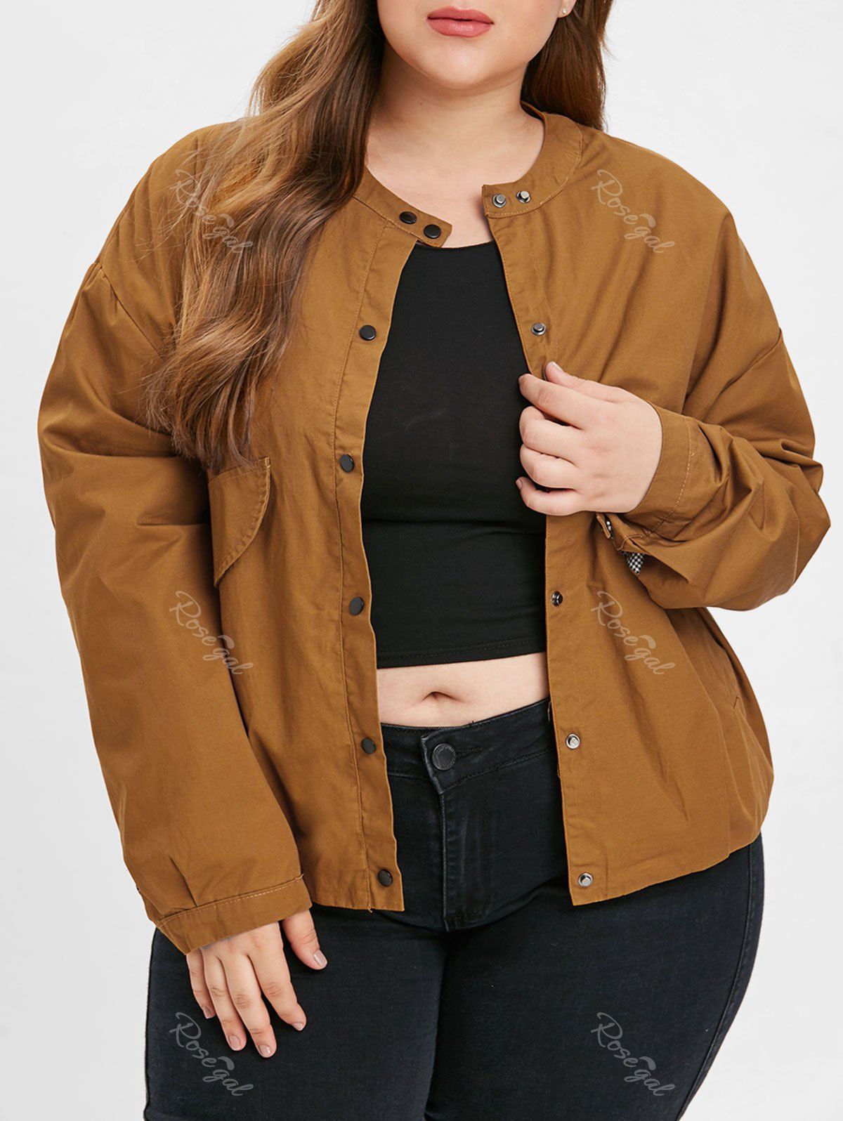 

Drop Shoulder Plus Size Front Pockets Jacket, Caramel