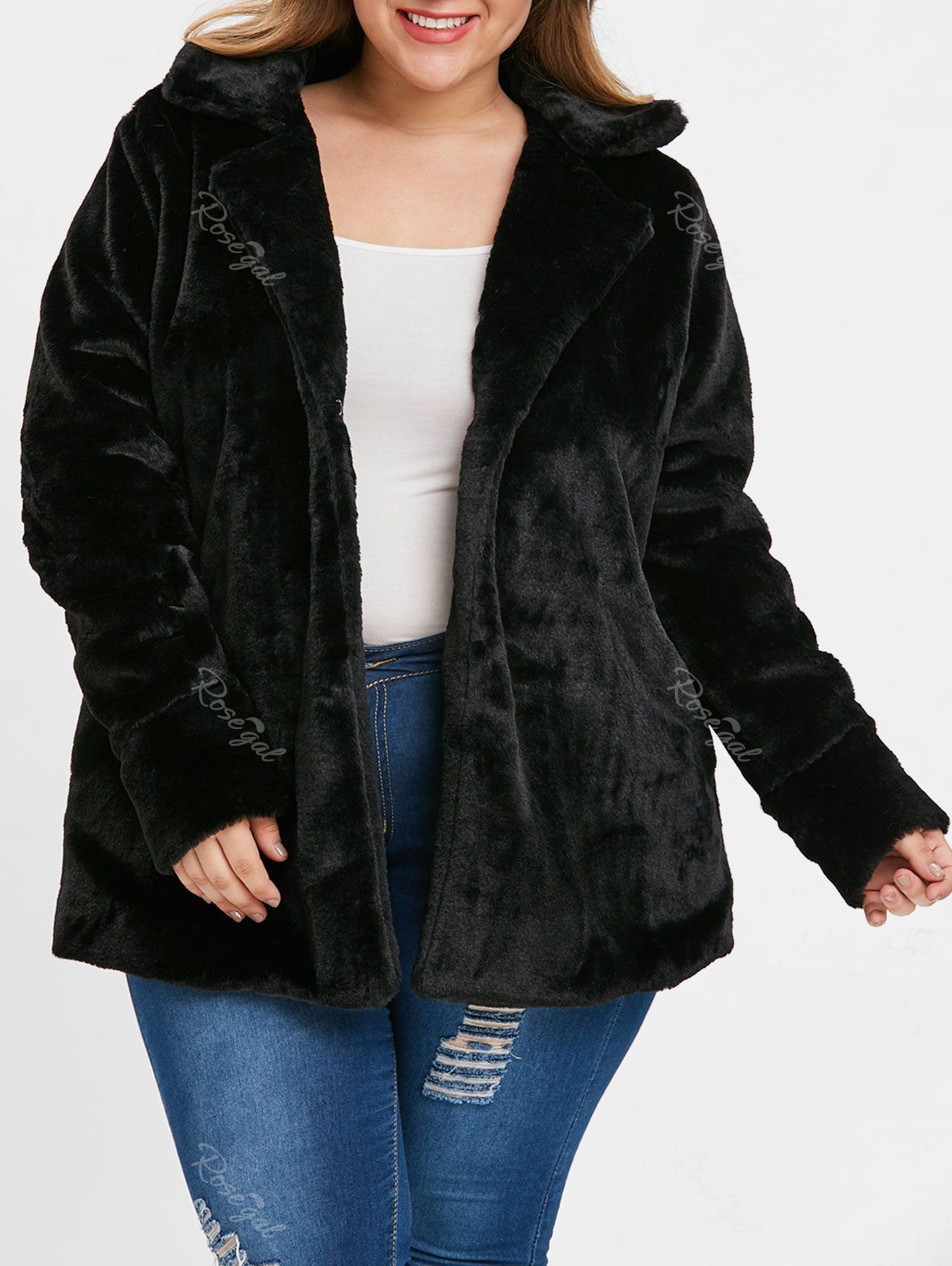 

Turn Down Collar Plus Size Faux Fur Coat, Black