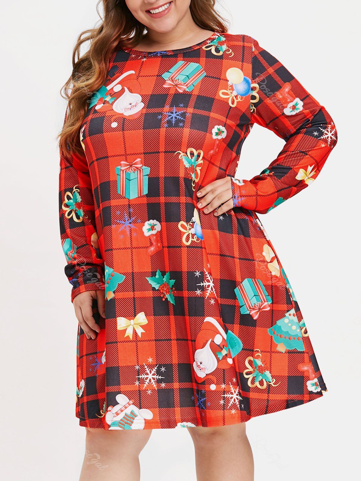 Christmas Print Plus Size Plaid Shift Dress [48% OFF] | Rosegal
